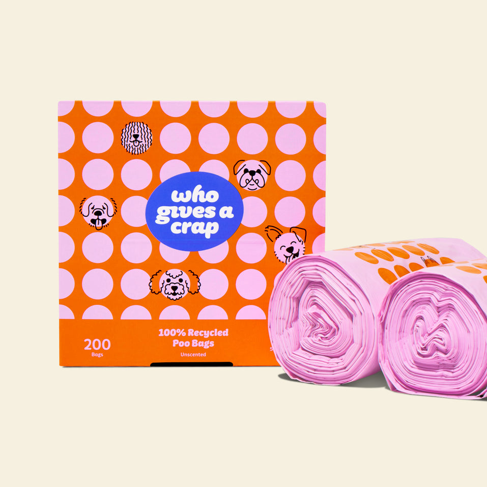 Two rolls and a box of Who Gives a Crap recycled dog poo bags with pink and orange packaging