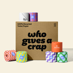 A large box of 48 Who Gives a Crap recycled toilet paper with seven rolls wrapped in colourful packaging sitting on top.