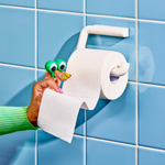 Person pulling at a naked toilet paper roll.
