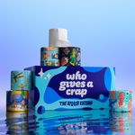The Who Gives A Crap Splash Edition box and illustrated bamboo toilet rolls reflected in water, with a collection of uniquely designed rolls on display