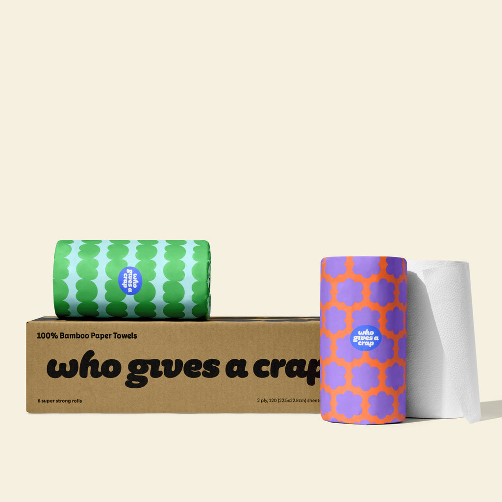 A small box of Who Gives A Crap 100% bamboo Paper Towels with colorful wrappers - eco-friendly, biodegradable and sustainable  