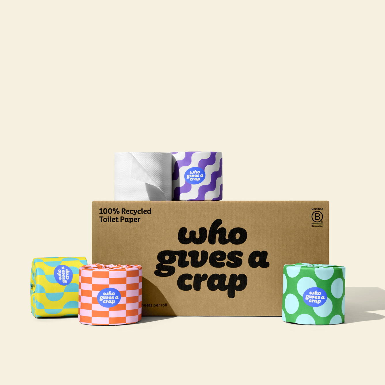 Recycled Toilet Paper - Double Length rolls in colorful wrappers - 24 Rolls