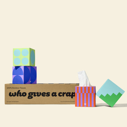 A box of Who Gives A Crap 100% Bamboo tissues with colourful tissues boxes - eco-friendly and sustainable  