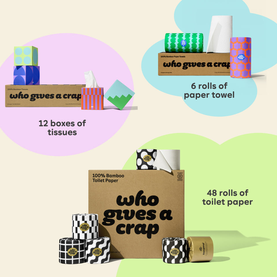 Visualisation of bundle inclusions calling out the bundle comes with 48 rolls of toilet paper, 6 rolls of paper towel and 12 boxes of tissues. 