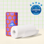 Two rolls of Who Gives a Crap paper towel against green and white background. Badge in corner reads ‘Canstar Blue’s Most Satisfied Customers - Paper Towels 2025’