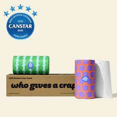 Box of six Who Gives a Crap paper towel with two rolls wrapped in colourful packaging sitting on top. Badge in corner reads ‘Canstar Blue’s Most Satisfied Customers - Paper Towels 2025’