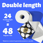 Graphic with blue background showing a toilet paper roll and black-and-white polka dot Who Gives A Crap packaging. Text reads: “24 Double length rolls = 48 Regular Rolls.” Small text at the bottom says: “Based on a review of supermarket products in July 2024”