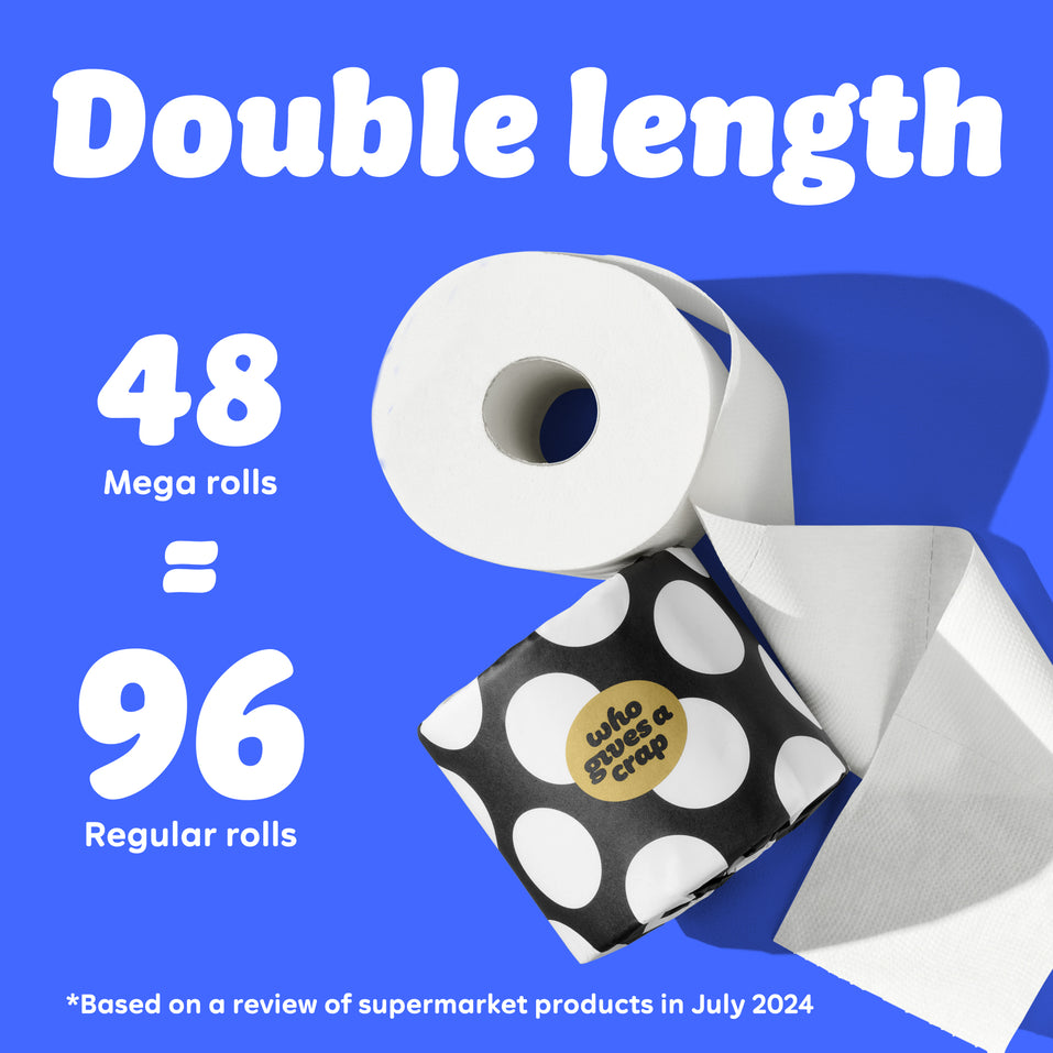 Graphic with blue background showing a toilet paper roll and black-and-white polka dot Who Gives A Crap packaging. Text reads: “48 Double length rolls = 96 Regular Rolls.” Small text at the bottom says: “Based on a review of supermarket products in July 2024”