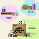 Visualisation of bundle inclusions calling out the bundle comes with 48 rolls of toilet paper, 6 rolls of paper towel and 12 boxes of tissues. 