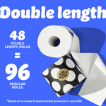 Graphic with blue background showing a toilet paper roll and black-and-white polka dot Who Gives A Crap packaging. Text reads: “48 Double length rolls = 96 Regular Rolls.” Small text at the bottom says: “Based on a review of supermarket products in July 2024”