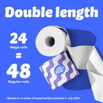 Graphic with blue background showing a toilet paper roll and purple wave Who Gives A Crap packaging. Text reads: “24 Double length rolls = 48 Regular Rolls.” Small text at the bottom says: “Based on a review of supermarket products in July 2024”