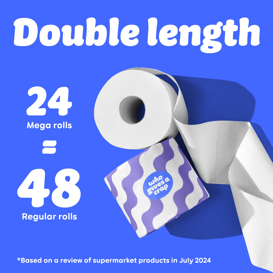 Graphic with blue background showing a toilet paper roll and purple wave Who Gives A Crap packaging. Text reads: “24 Double length rolls = 48 Regular Rolls.” Small text at the bottom says: “Based on a review of supermarket products in July 2024”