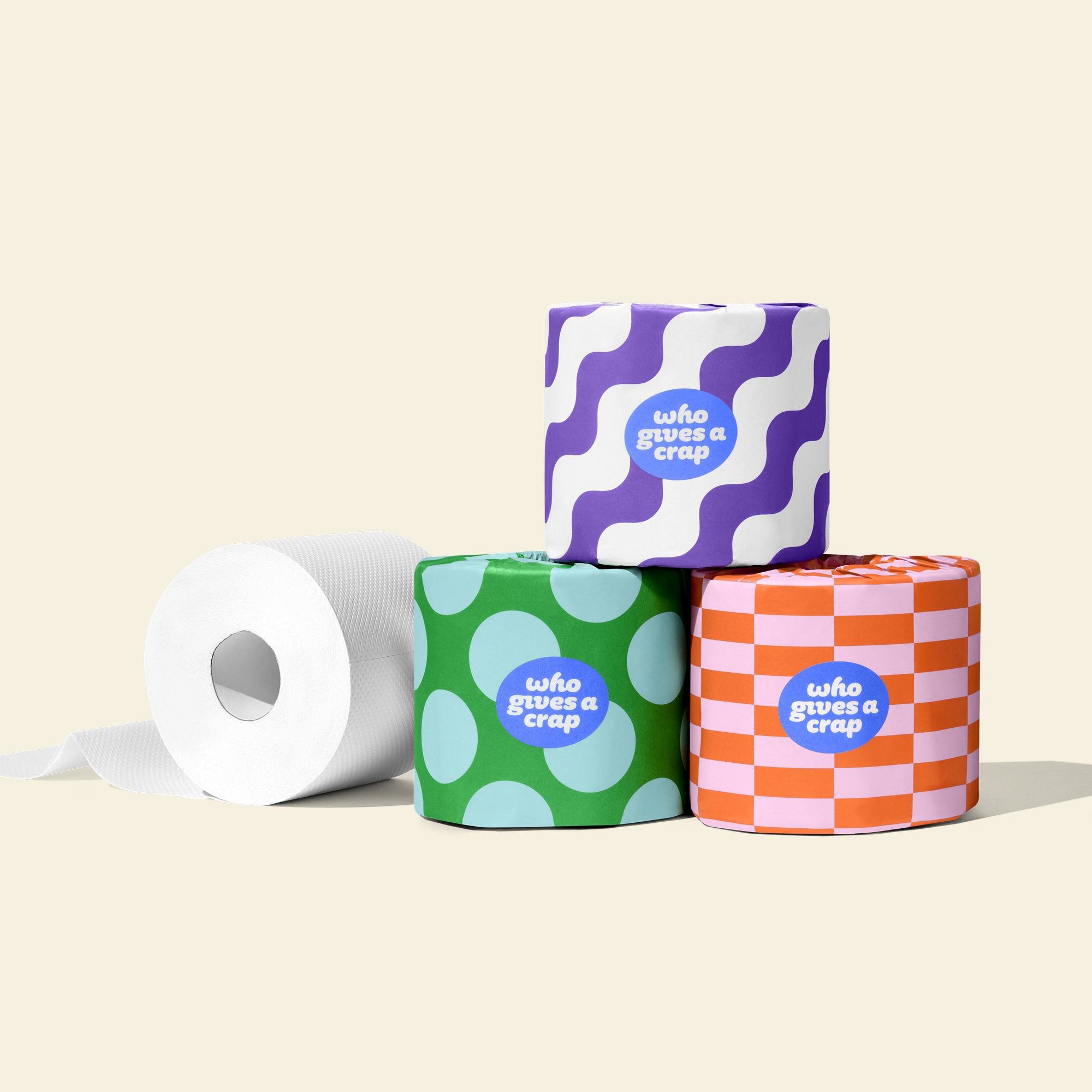 Four rolls of Who Gives a Crap recycled toilet paper