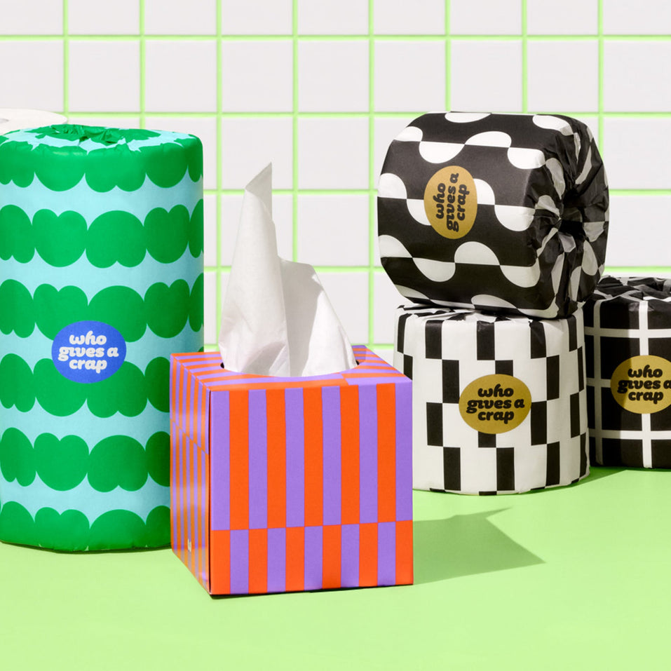 Bundle of Who Gives a Crap products with bamboo toilet paper, paper towel and tissues against green and white background.