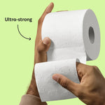 Super soft 3-ply bamboo toilet paper being held. Caption reads ‘Ultra strong’.