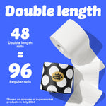 Graphic with blue background showing a toilet paper roll and black-and-white polka dot Who Gives A Crap packaging. Text reads: “48 Double length rolls = 96 Regular Rolls.” Small text at the bottom says: “Based on a review of supermarket products in July 2024”