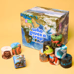 A box with a satellite image of earth and the words ‘Who Gives A Crap’, surrounded by stacks of eco-friendly toilet paper rolls wrapped in photography of animals and nature that represent earth.