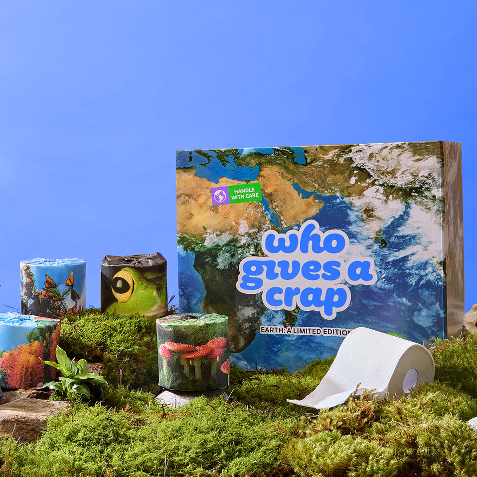 A box with a satellite image of earth, surrounded by stacks of eco-friendly toilet paper rolls wrapped in photography of animals and nature placed ontop of a in a mossy scene