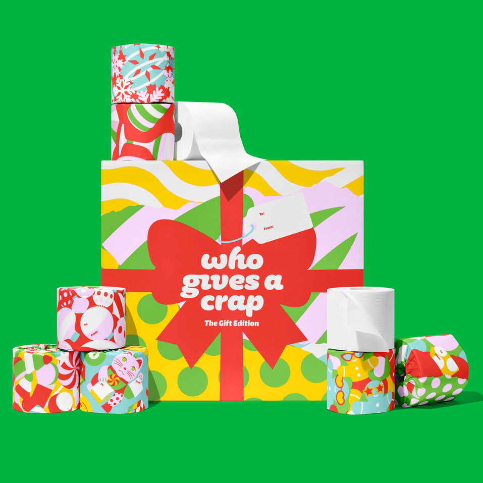 A 48-roll box of Who Gives A Crap The Gift Edition toilet paper in red, lime and pink gift-wrap design, stacked with individually wrapped rolls on a green background.