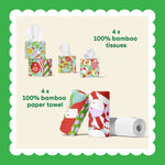 What's in the Perfect Pair: 4 x 100% bamboo tissues and 4 x 100% bamboo paper towel rolls in festive wrappers, on a cream background with a scalloped white frame.