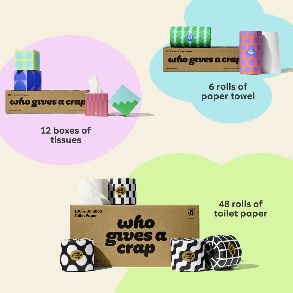 Visualisation of bundle inclusions calling out the bundle comes with 24 rolls of toilet paper, 6 rolls of paper towel and 12 boxes of tissues. 