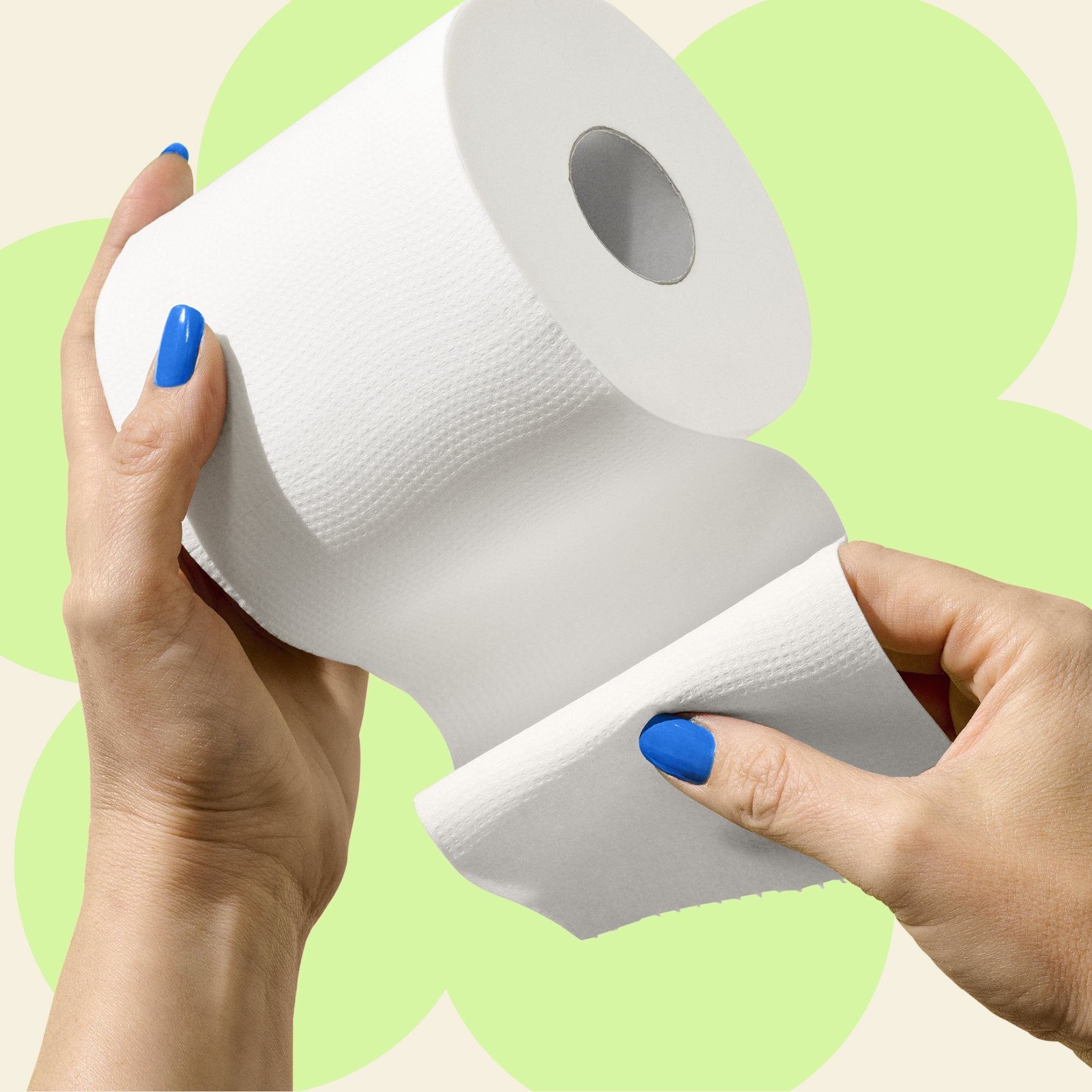 Close-up of hands with blue nail polish pulling a sheet from an unwrapped white toilet roll.